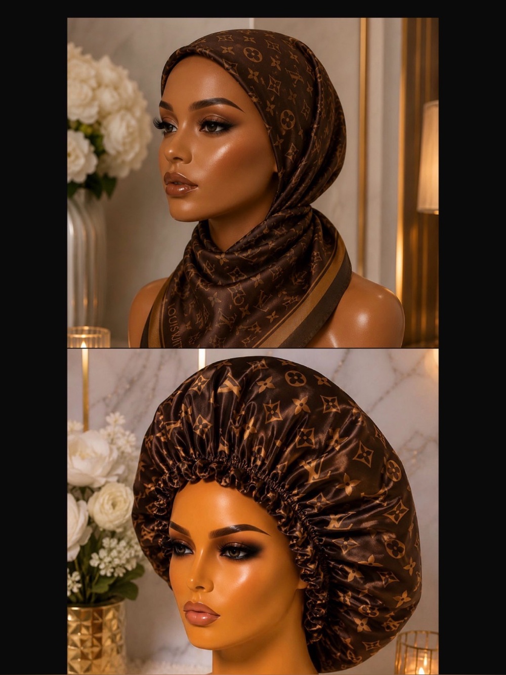 Brown Monogram Satin Headscarf & Bonnet Set
